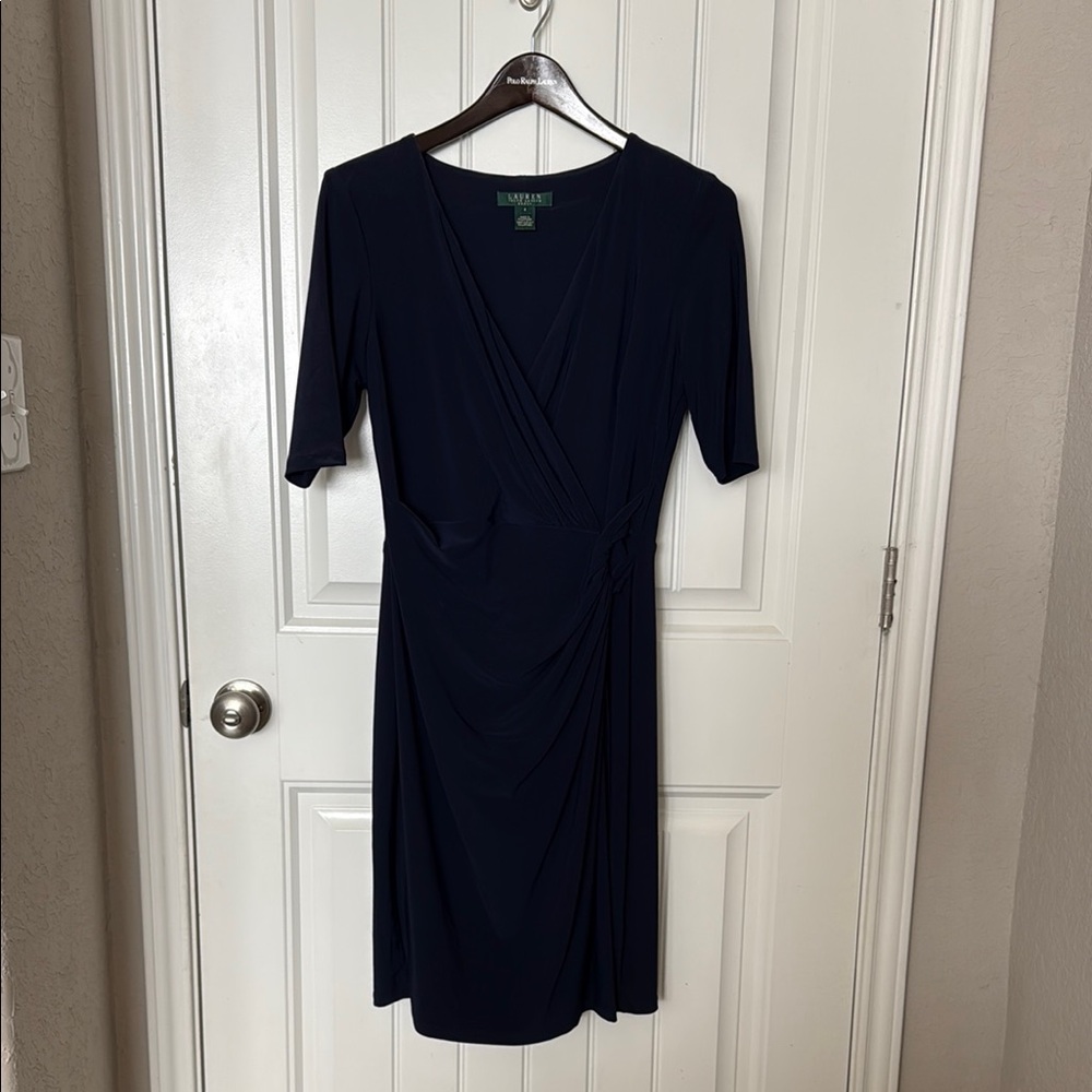 Lauren Ralph Lauren Blue Sheath Dress V-Neck 3/4 Sleeve